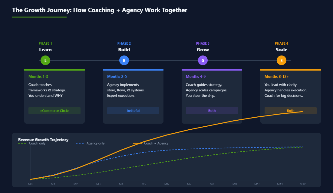 Growth journey showing how coaching and agency work together over 12 months