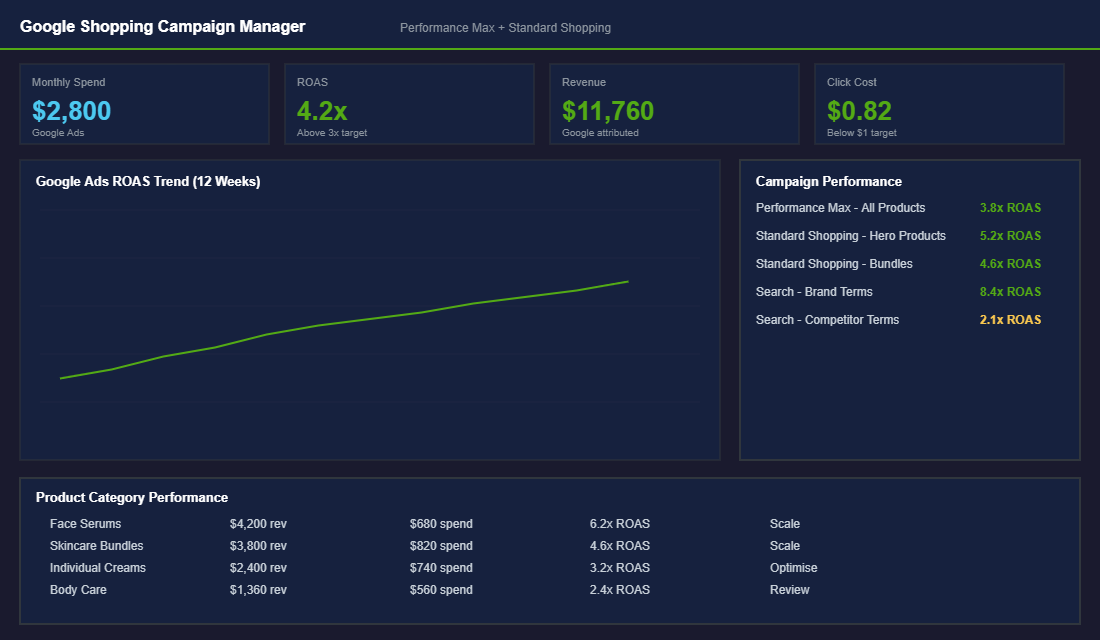 Google Shopping campaign dashboard with ROAS metrics
