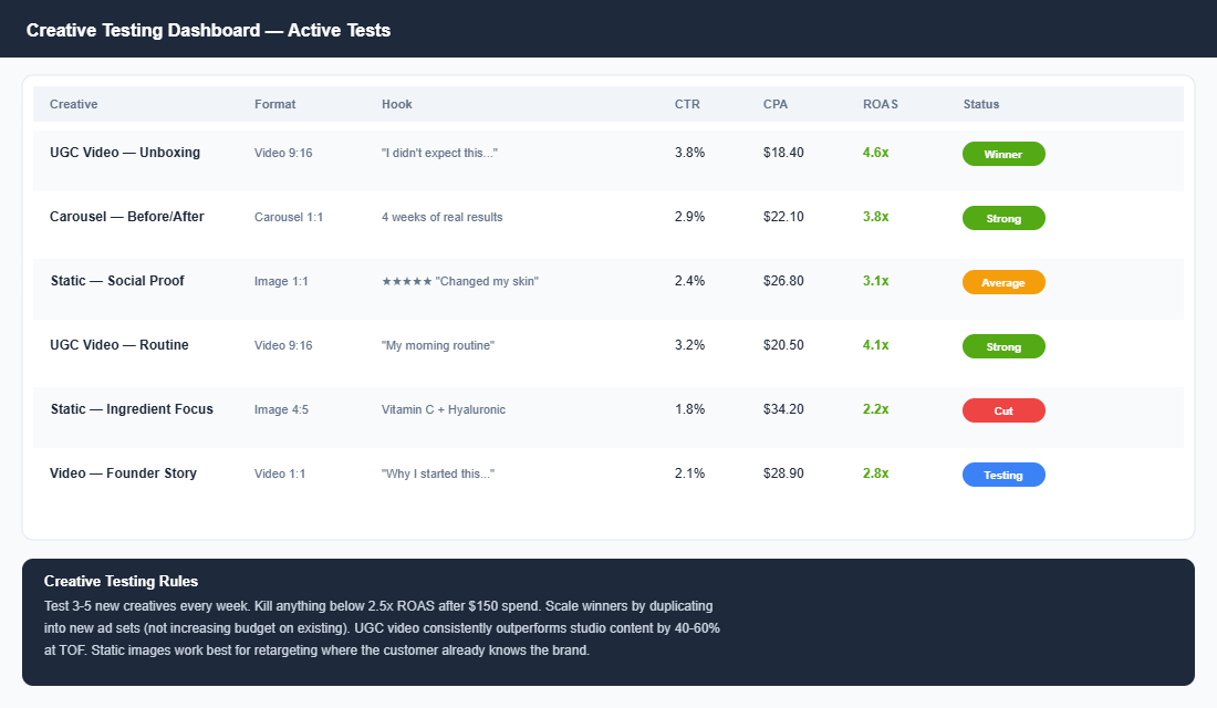 Creative testing dashboard showing six ad creatives with their format, hook, click-through rate, cost per acquisition, and ROAS with status labels