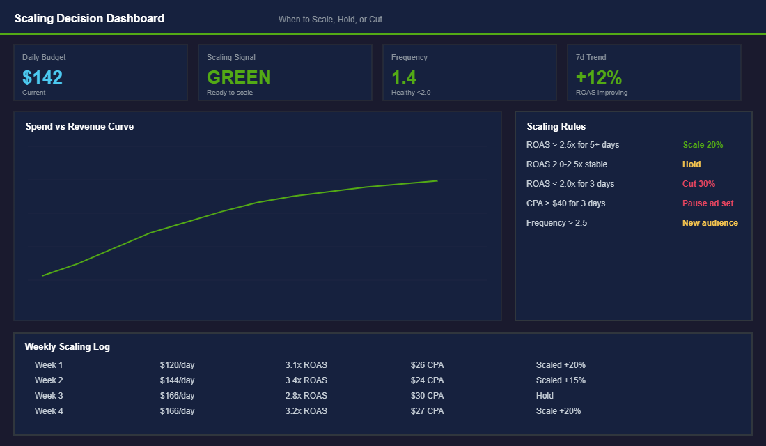ROAS optimization dashboard with scaling indicators