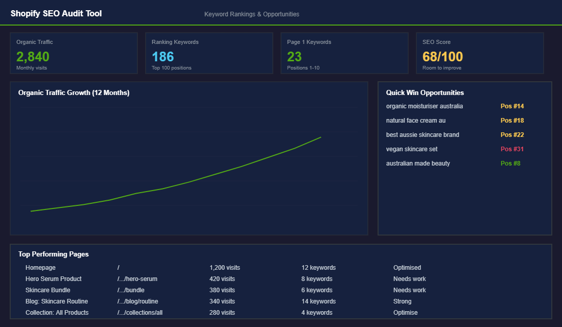 Shopify SEO audit dashboard showing keyword rankings and opportunities