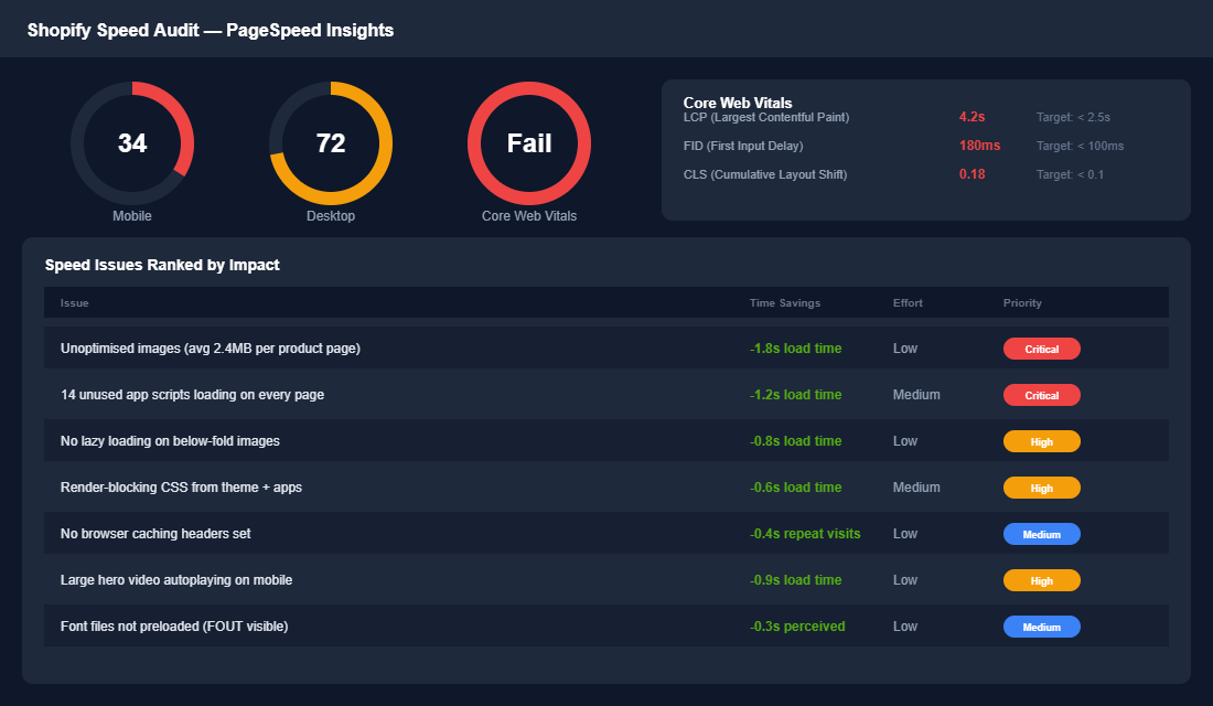 Shopify speed audit dashboard showing mobile score of 34, desktop score of 72, failing Core Web Vitals, and seven speed issues ranked by impact