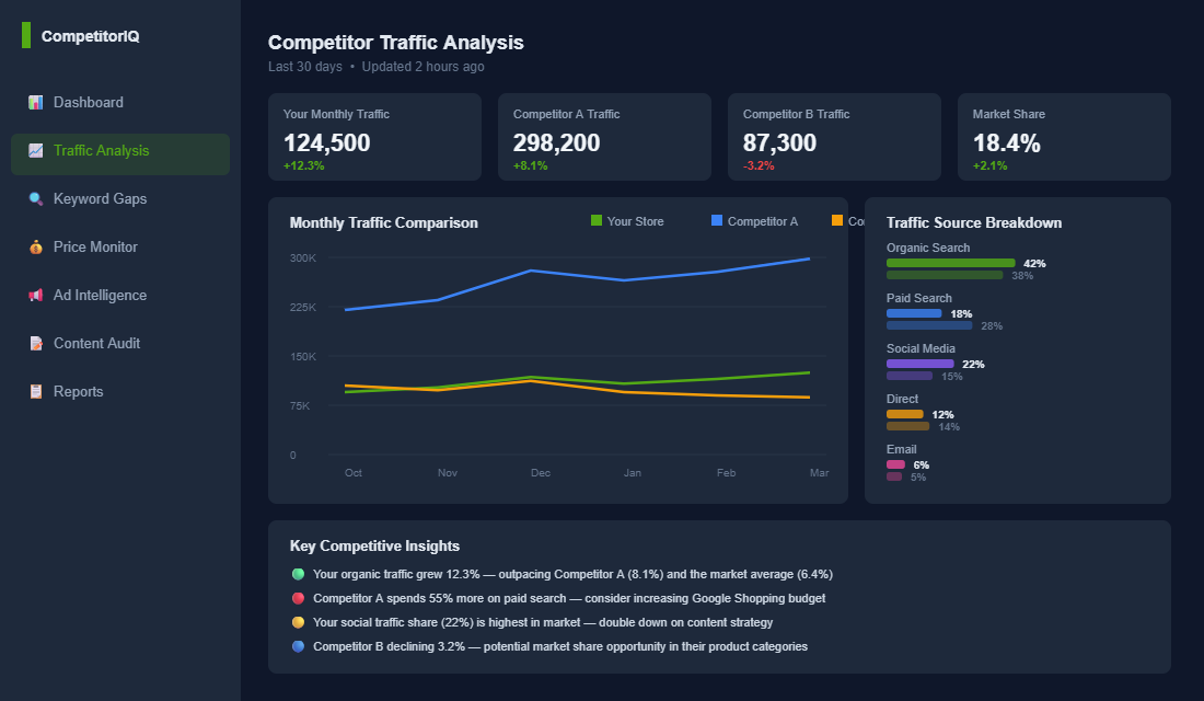 Competitor traffic analysis dashboard showing monthly traffic comparison and source breakdown