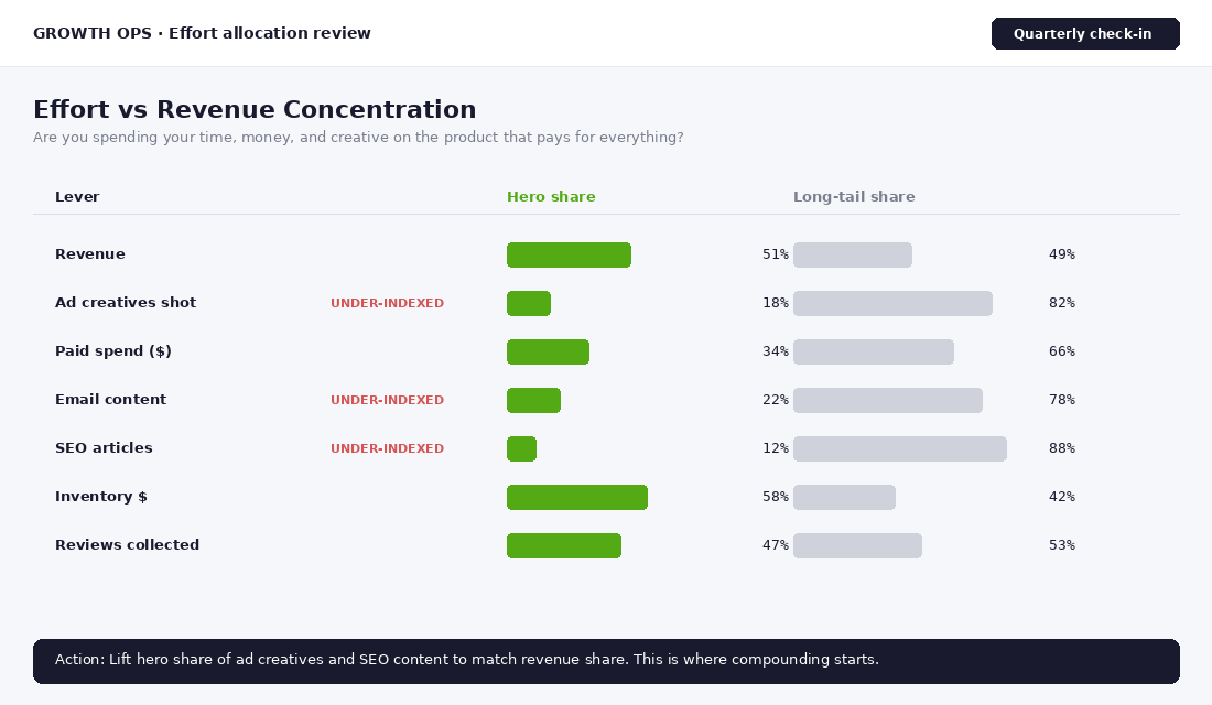 Effort allocation review showing hero product under-indexed on ad creative and SEO