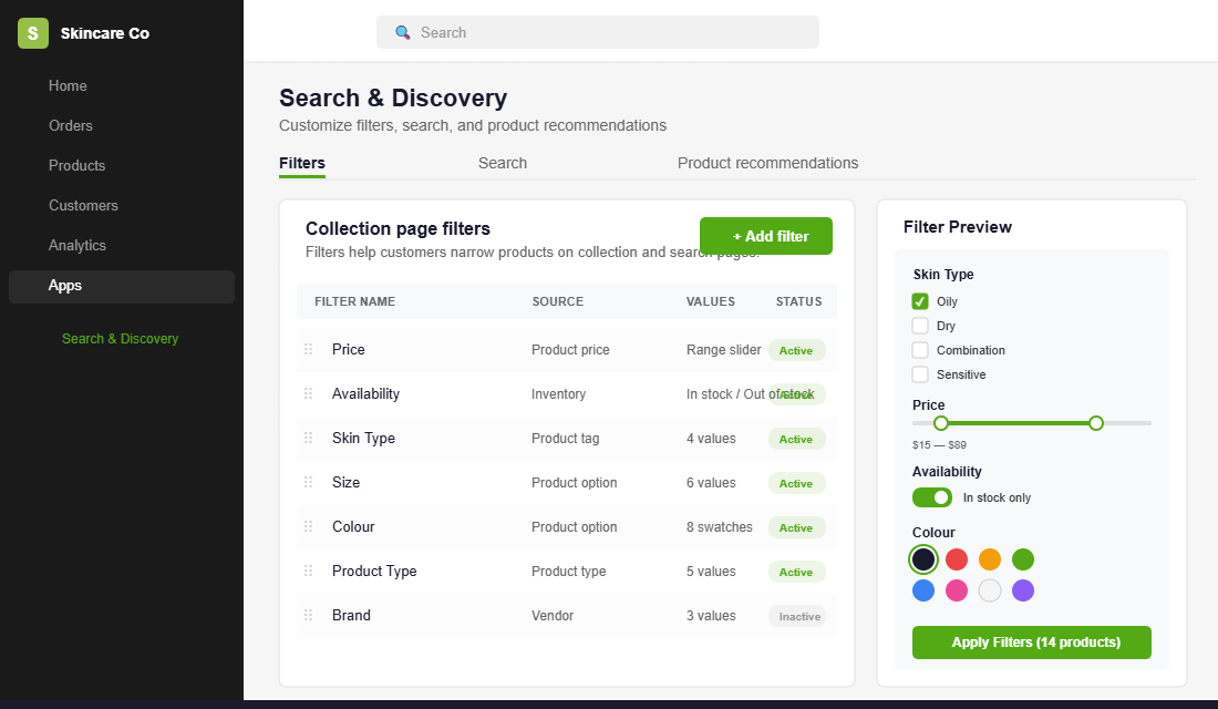 Shopify Search and Discovery app filter configuration dashboard showing skin type, price, availability, and colour filters