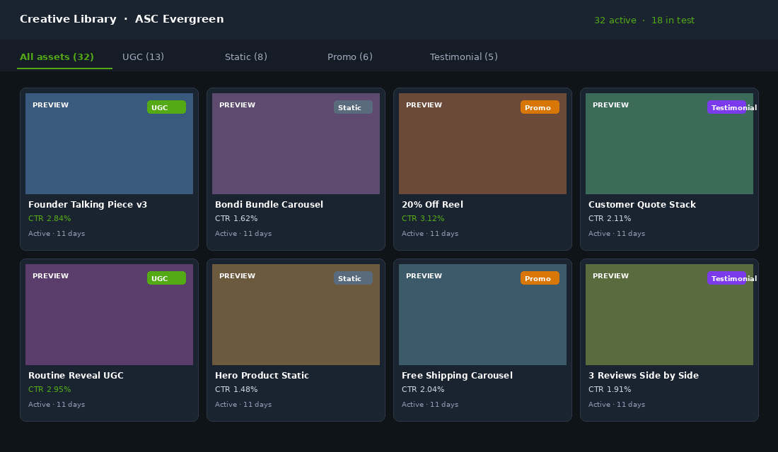 Creative library showing UGC, static, promo and testimonial assets