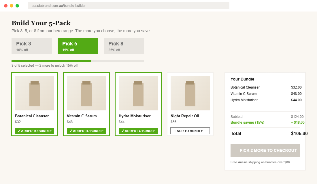 Build-your-own bundle interface showing 3 of 5 products selected with tiered discount progress bar