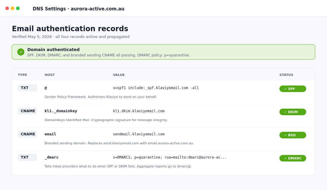 DNS authentication records for SPF DKIM DMARC and branded sending domain in Klaviyo