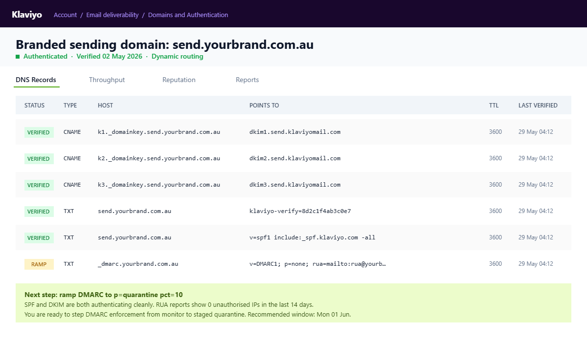Klaviyo branded sending domain DNS records configuration screen