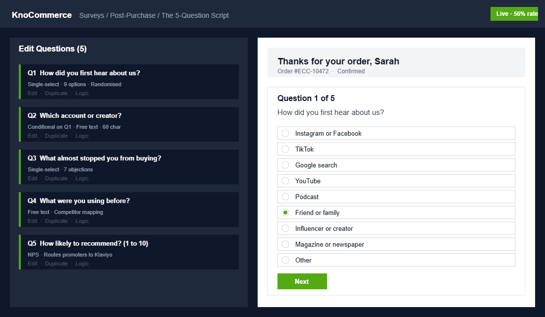 KnoCommerce post-purchase survey builder showing the 5-question script live on a Shopify order status page