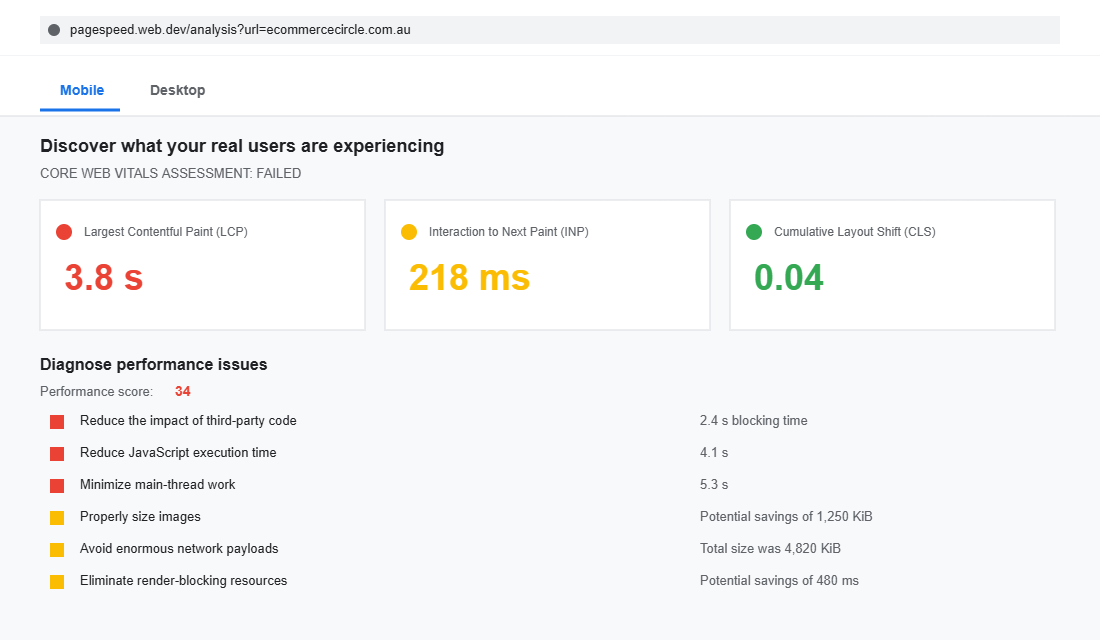 PageSpeed Insights dashboard showing Shopify mobile Core Web Vitals diagnostic with LCP, INP, and CLS metrics