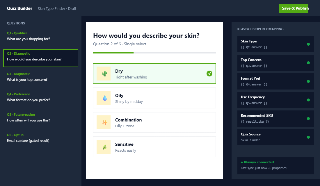 Quiz builder editor showing question flow, branching logic, and Klaviyo property mapping