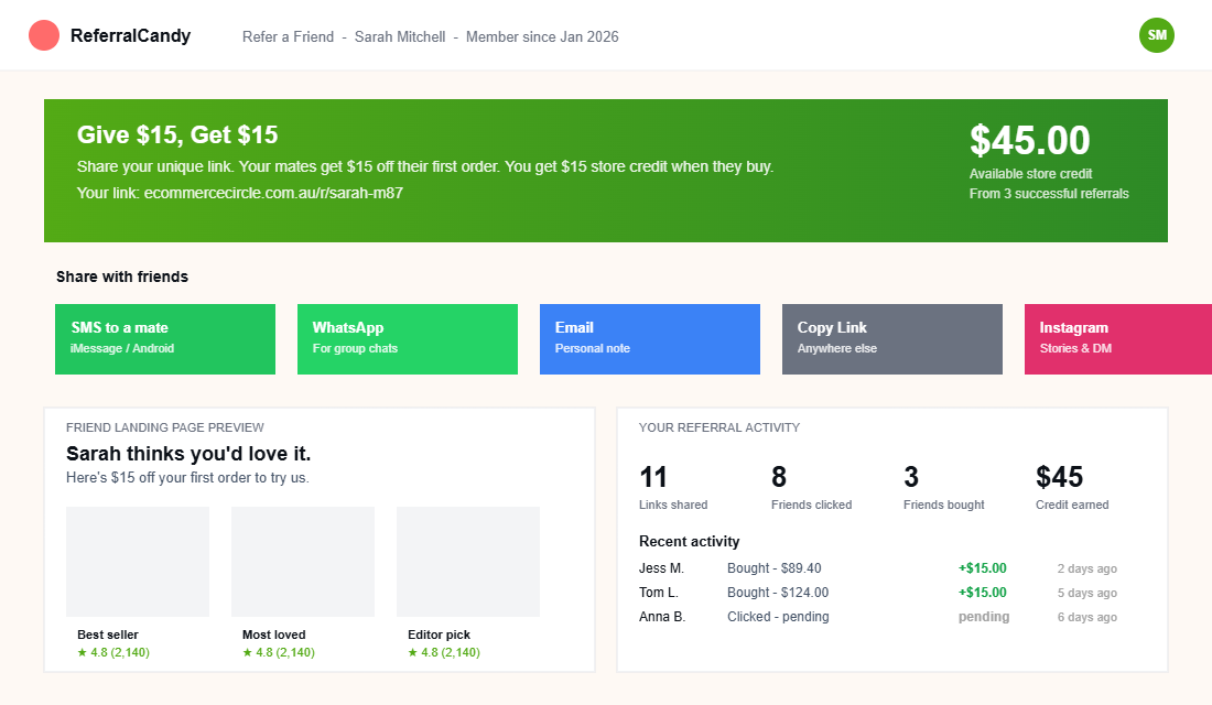 ReferralCandy share dashboard showing dual-sided reward, share button options, and personalised landing page preview