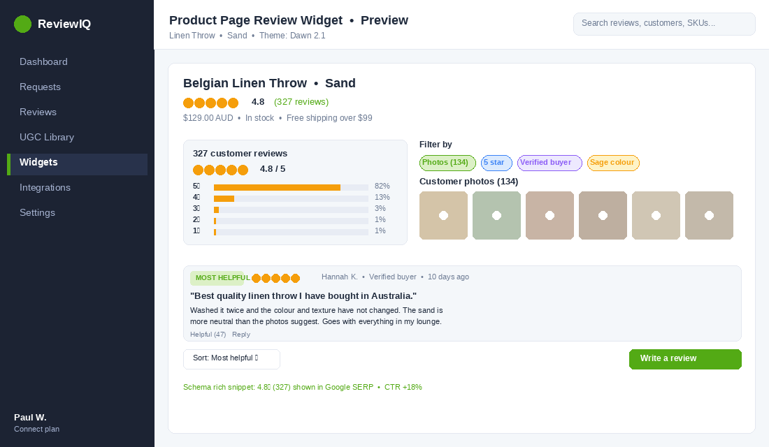 Product page review widget showing star rating, photo gallery, filtering, and review cards