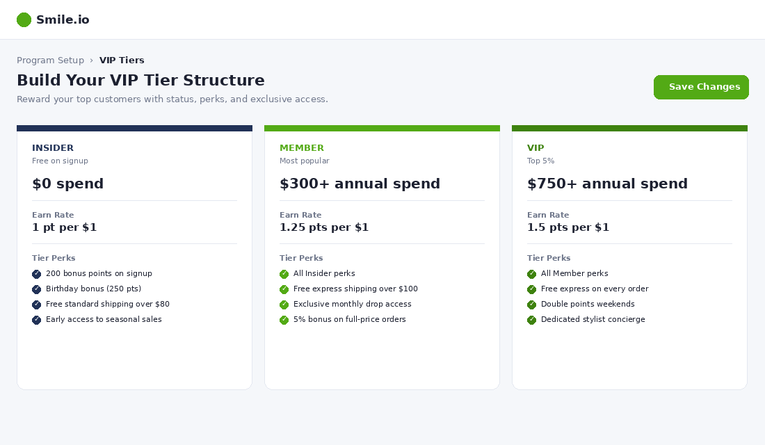 VIP tier structure setup with Insider, Member and VIP tiers