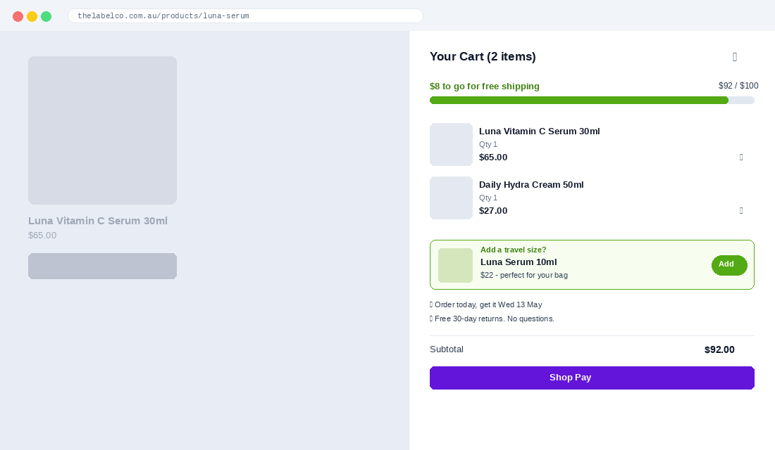 Cart drawer mockup showing free shipping progress bar, items, and upsell slot