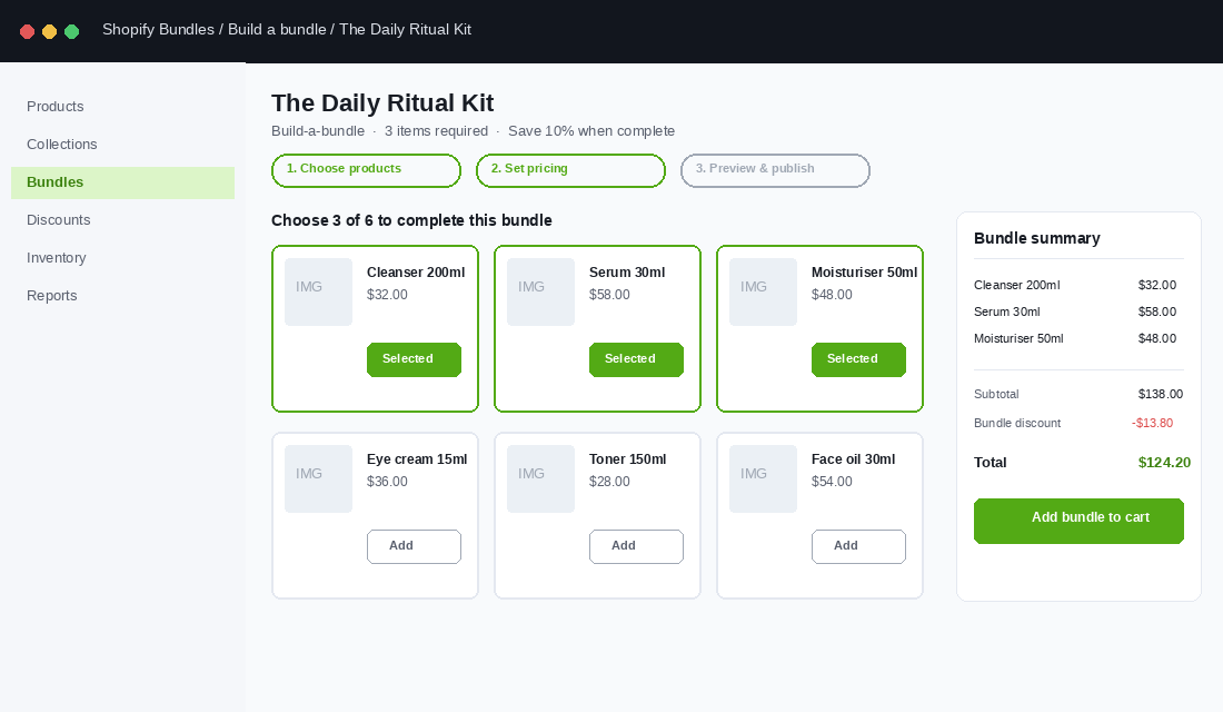 Build-a-bundle Shopify Bundles interface with selected product cards and a real-time bundle summary panel