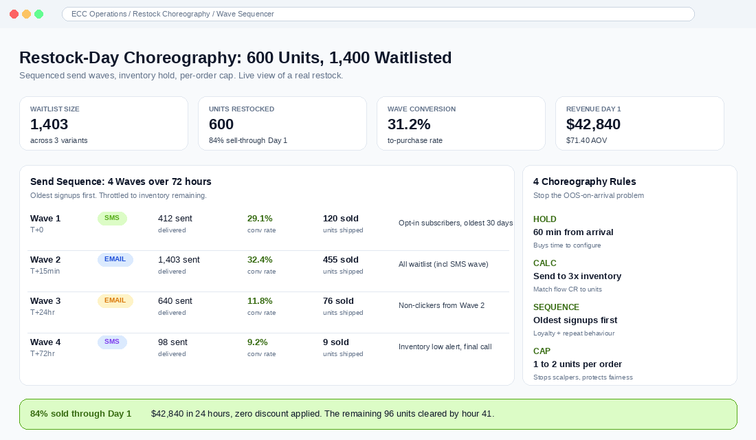Restock-day choreography dashboard showing inventory hold, sequenced send waves, and unit-cap analytics