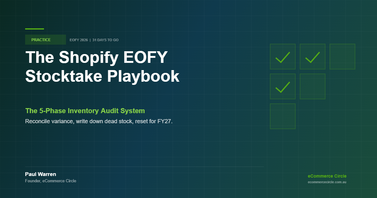 The Shopify EOFY Stocktake Playbook featured image with green gradient and Practice category badge