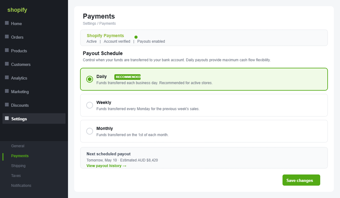 Shopify Payments payout schedule settings showing daily payout option selected for maximum cash flow