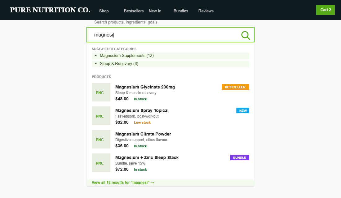 Predictive search dropdown with product images, prices, stock badges and category shortcuts