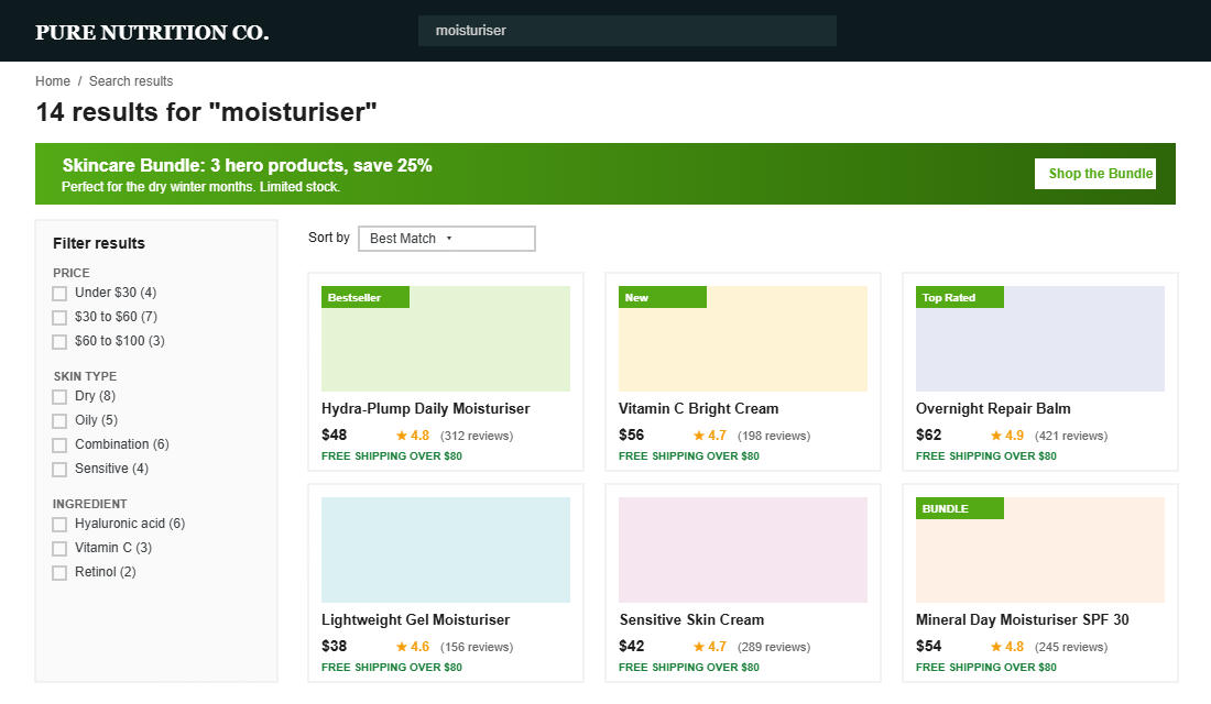 Shopify search results page with filters, sort options, merchandising banner and product grid