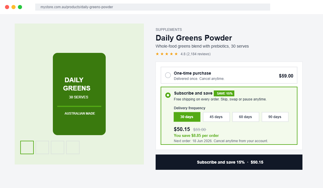 Shopify product detail page with Subscribe and Save option, frequency selector and 15% discount