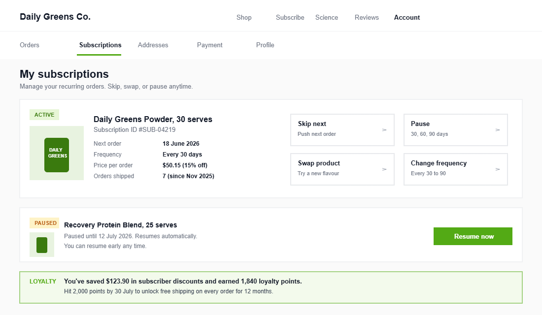 Shopify customer subscription portal with skip, swap, pause, and change frequency controls