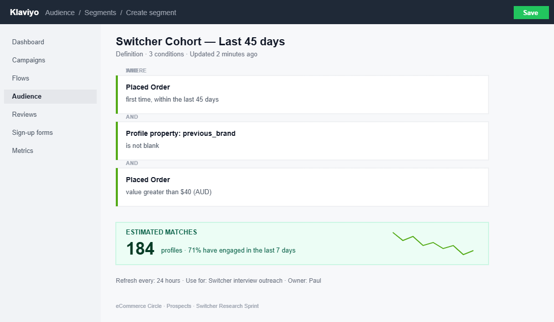 Klaviyo Switcher Segment Builder showing filter logic to identify customers who switched from competitor brands