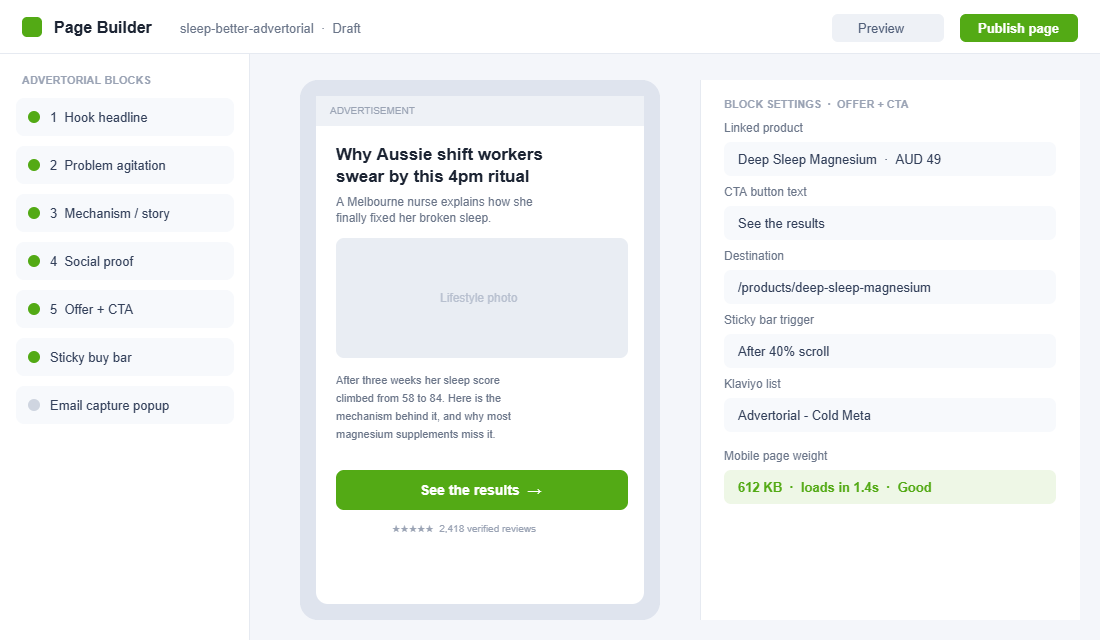 Landing page builder showing the five advertorial blocks and offer settings for a Shopify pre-sell page