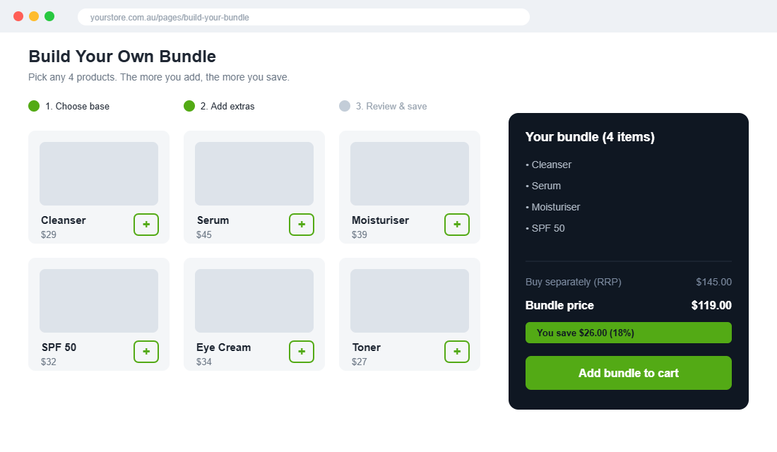 Build your own bundle builder showing RRP versus bundle price and savings