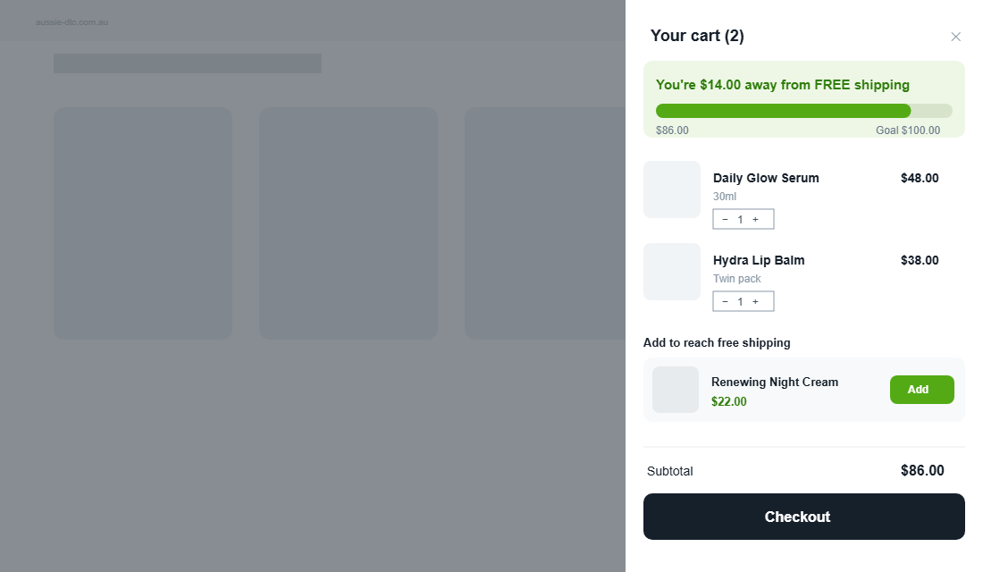 Shopify cart drawer with a free shipping progress bar showing the shopper is fourteen dollars from free shipping
