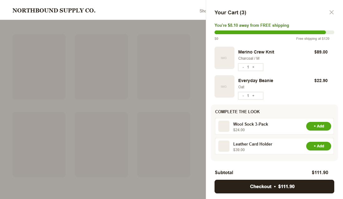 Shopify cart drawer with free shipping progress bar and complete the look upsell recommendations