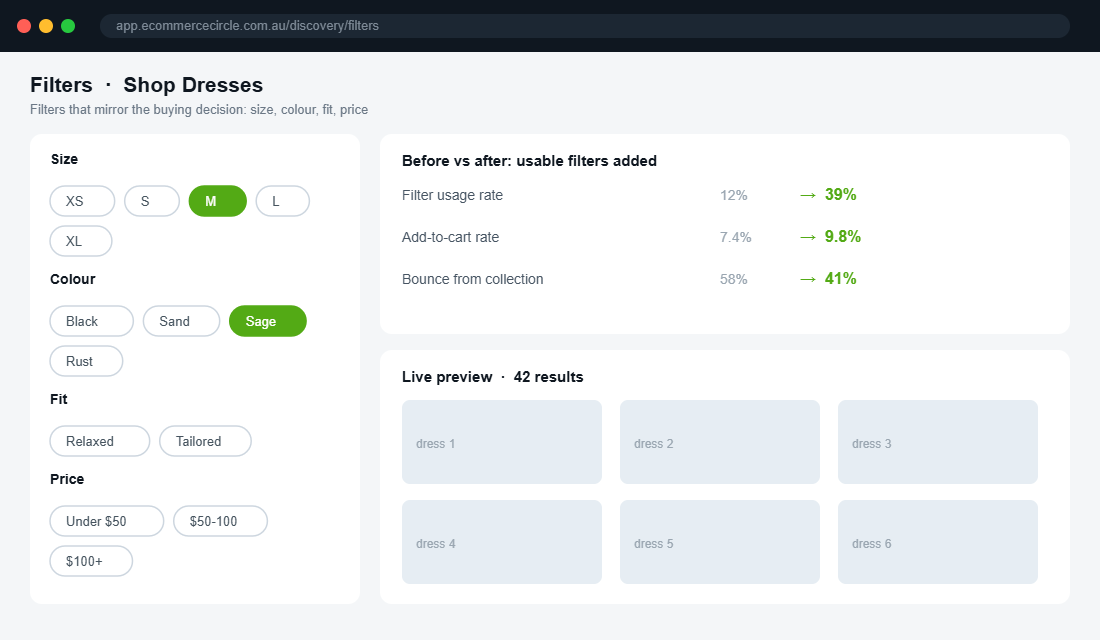 Collection page filter configuration with before and after add-to-cart results