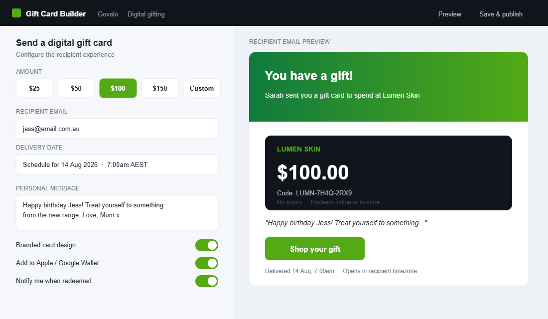 Digital gift card builder with scheduled recipient delivery, personal message and branded email preview