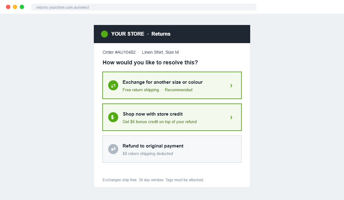 Exchange-first returns portal presenting exchange and store credit above refund