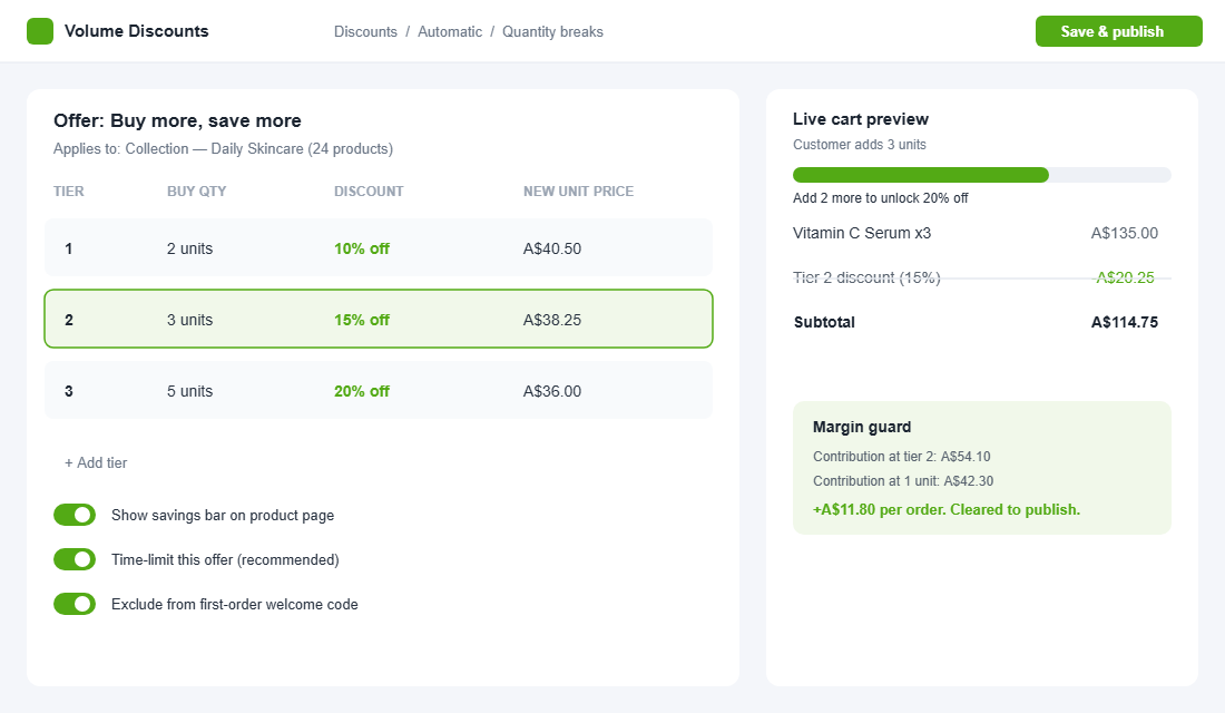 Shopify quantity break builder with live cart preview