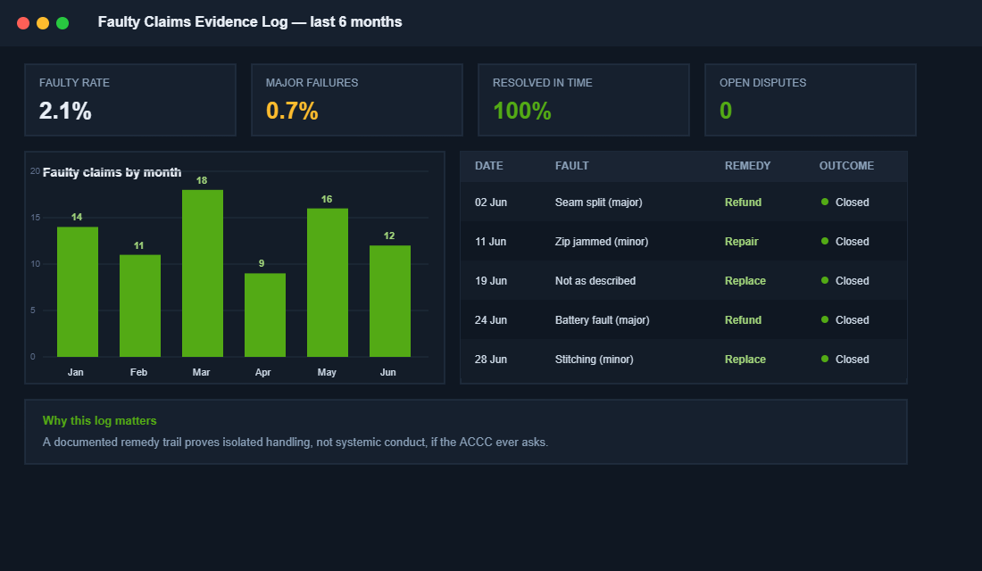 Evidence log dashboard tracking faulty claims faults remedies and outcomes