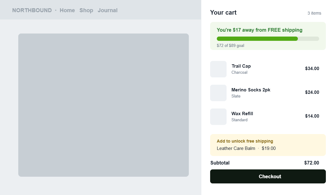 Shopify cart drawer showing a free shipping progress bar with 17 dollars to go