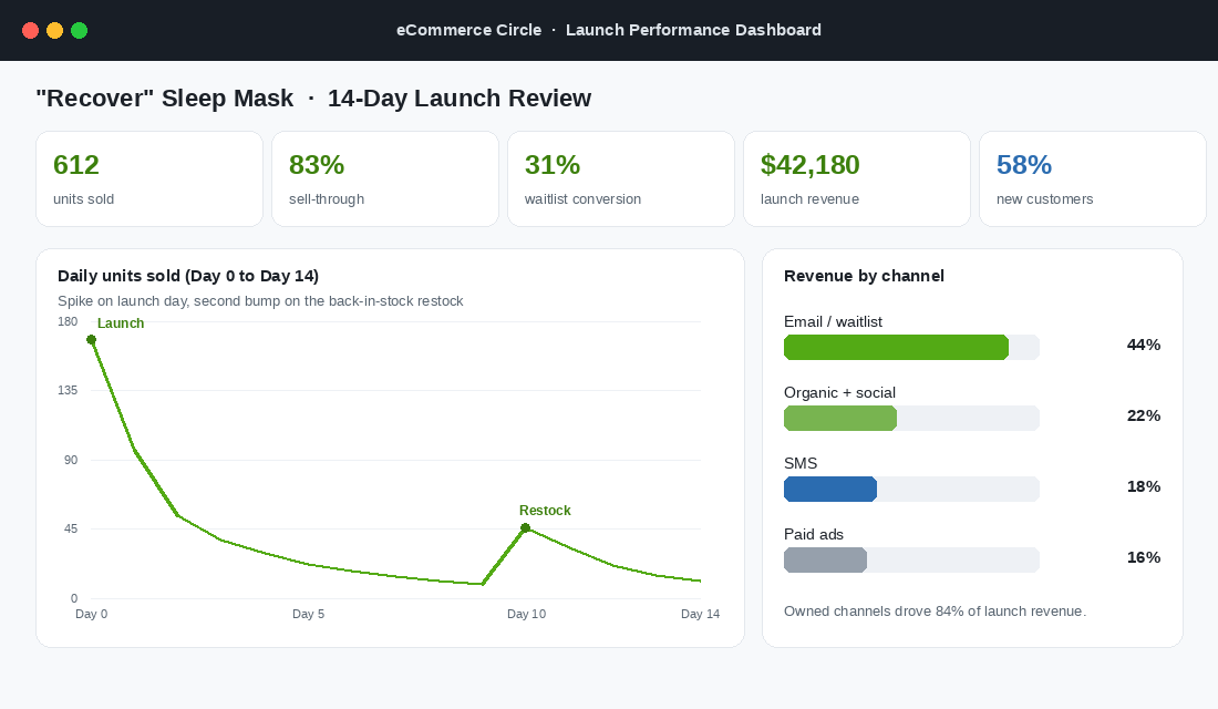 Fourteen-day launch performance dashboard with KPI strip, daily sales curve and revenue by channel