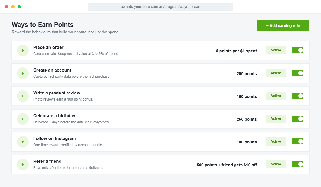 Loyalty app ways-to-earn rules builder showing points for orders, reviews, birthdays and referrals
