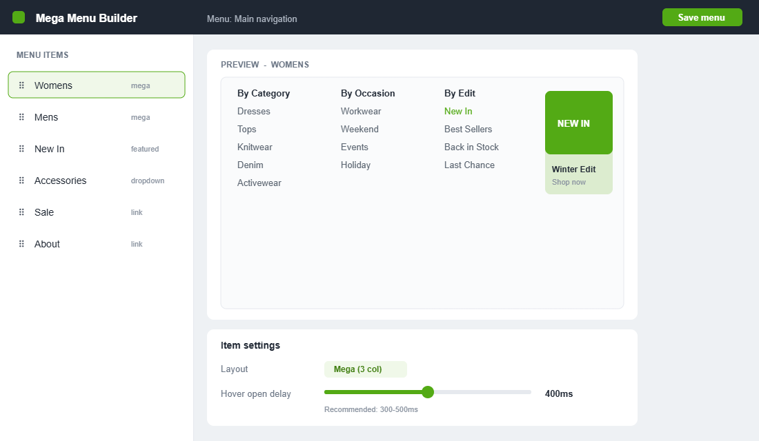 Mega menu builder interface showing category columns, a featured collection tile and hover delay setting