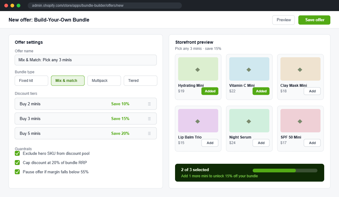 Mix and match bundle builder configuration with discount tiers and margin guardrails