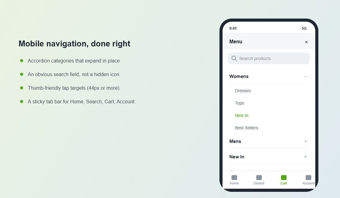 Mobile navigation drawer with accordion categories, visible search bar and a sticky bottom tab bar