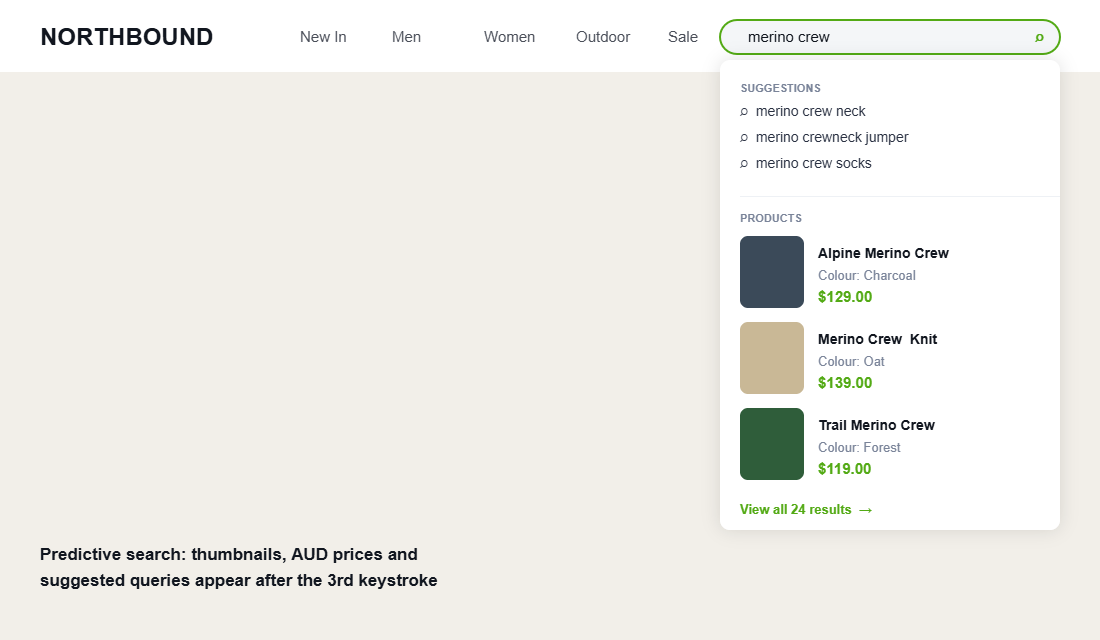 Predictive search dropdown showing suggested queries and product results with thumbnails and AUD prices