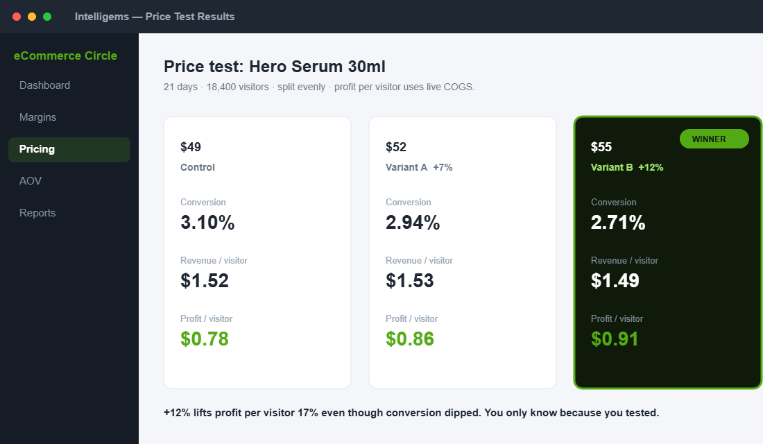 A controlled price test: the +12% group wins on profit per visitor despite a small conversion dip.