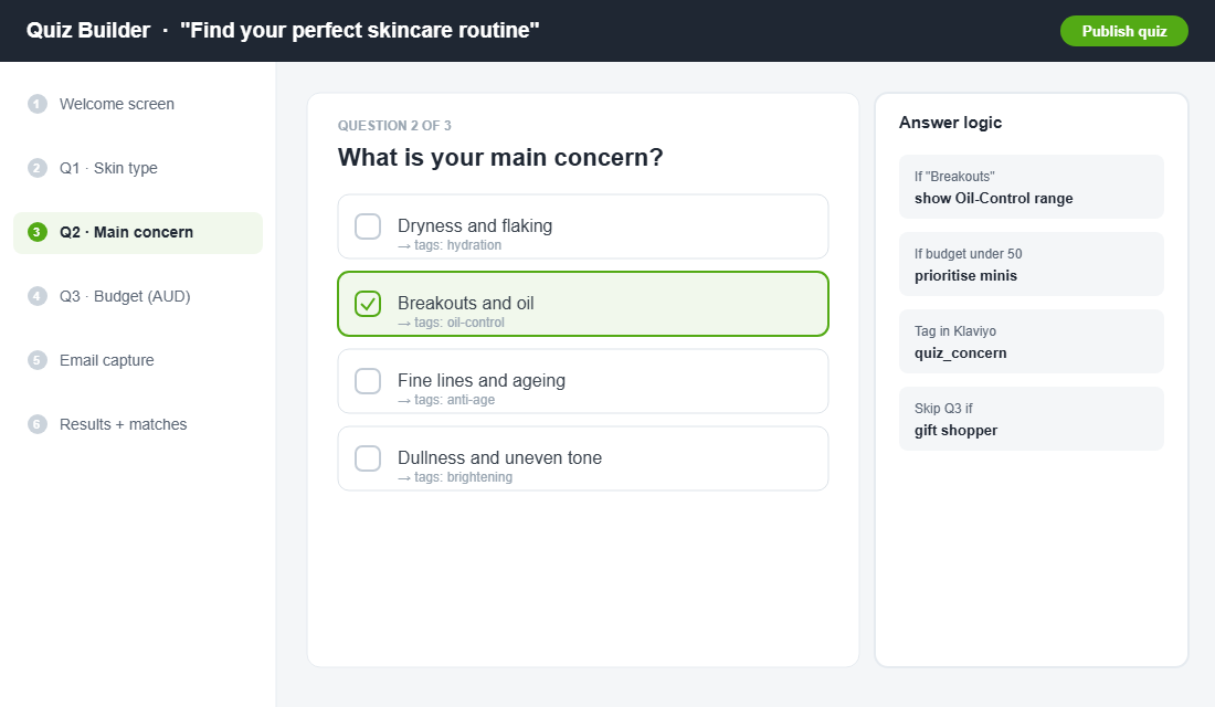 Product quiz builder with branching question logic