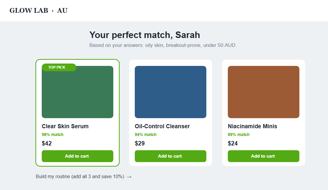 Quiz results screen showing matched product recommendations