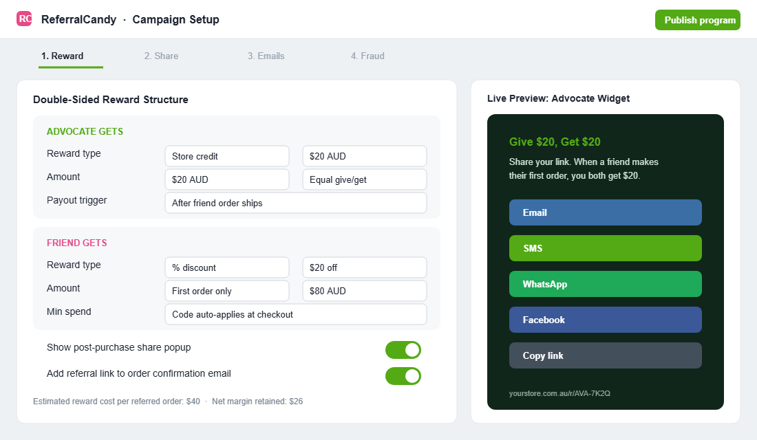 ReferralCandy setup screen configuring a double sided Give 20 Get 20 reward with advocate and friend reward fields and a live share widget preview