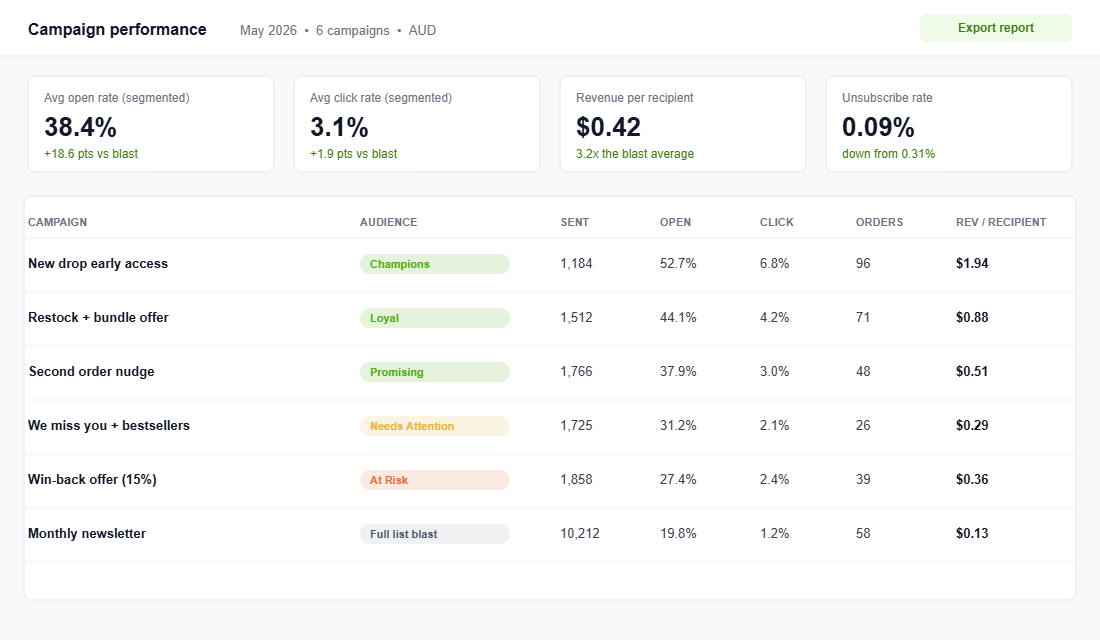 Email campaign report comparing five RFM-segmented sends against a full-list blast on open rate, click rate and revenue per recipient
